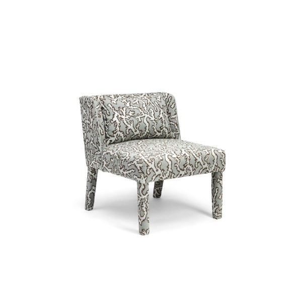 Back view of Magnus chair highlighting teak wood construction and linen upholstery