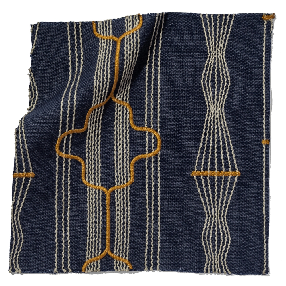 KURO Sky Indigo Geometric Embroidery Fabric Swatch