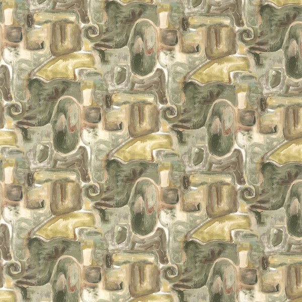 Abstract Fern Grass Cotton Drapery Fabric in Muted Pastels