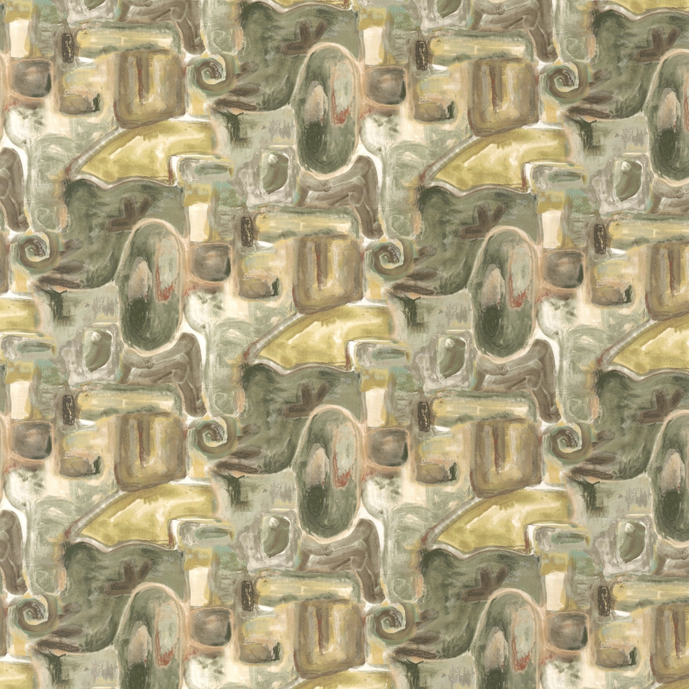Abstract Fern Grass Cotton Drapery Fabric in Muted Pastels