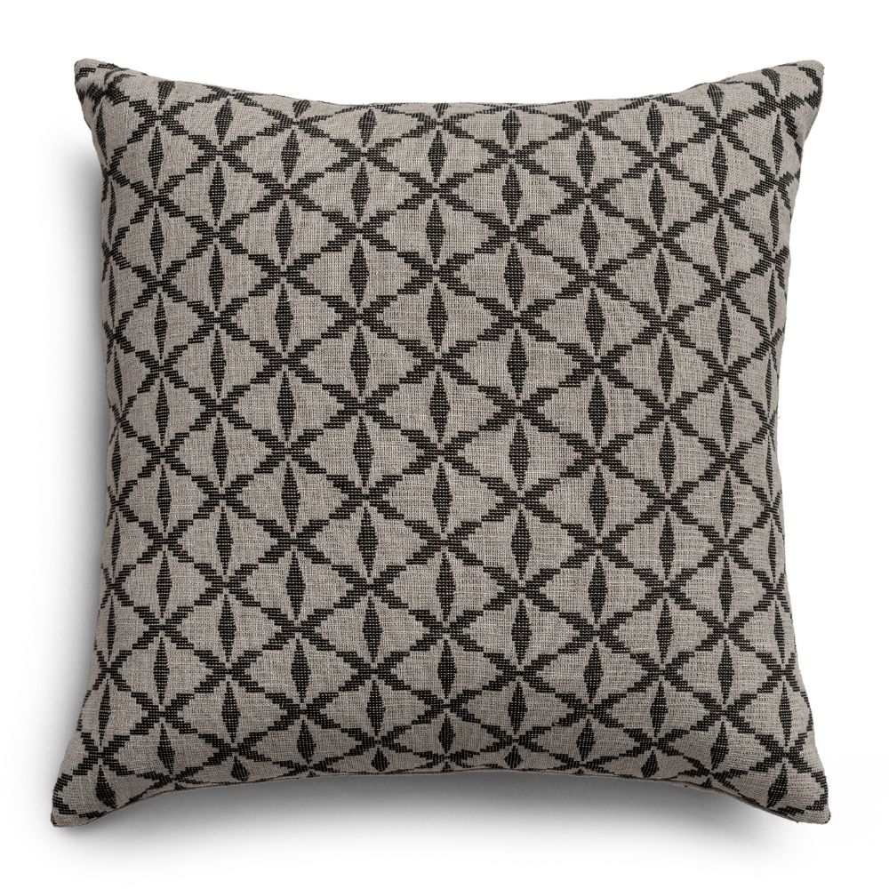 Musubi ash & smoke cushion in linen-poly blend with diamond lattice