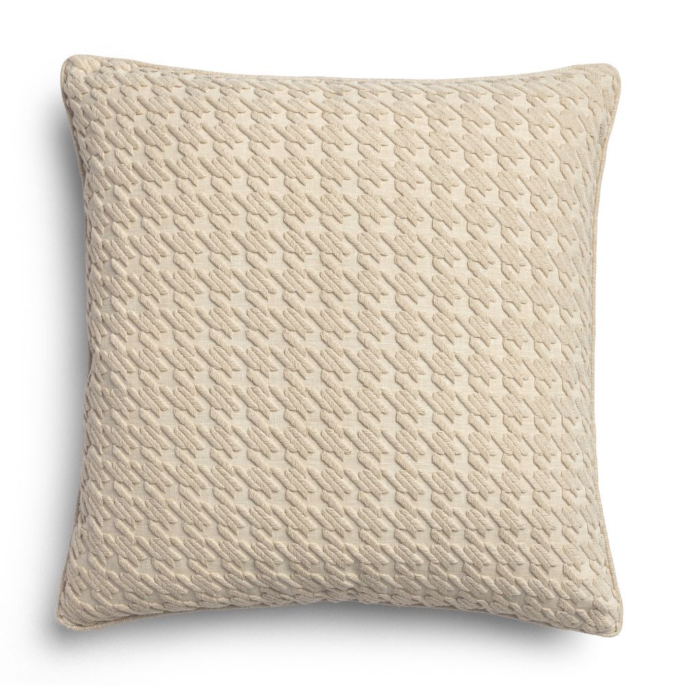 Selca ivory & neutral embroidered cushion with houndstooth design
